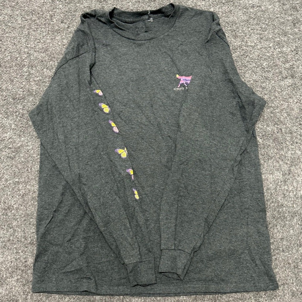 Simply Southern Shirt Womens Size L Grey Long Sleeve Dog Butterfly Graphic Tee